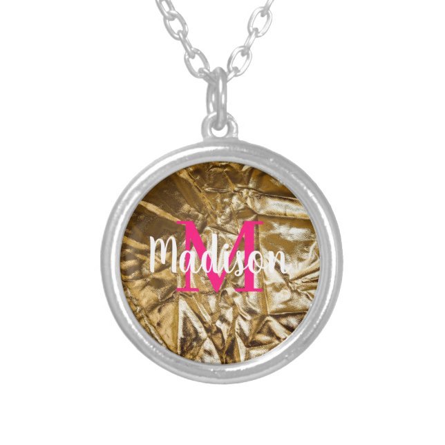Golden Pink Monogram Personalized Silver Plated Necklace (Front)