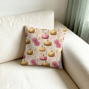 Golden & Pink Pumpkins Fall Design Throw Pillow