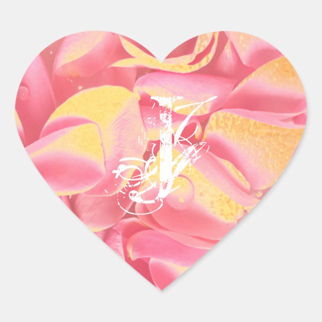 Golden Pink Roses Artistic Typography Monogram Heart Sticker (Front)