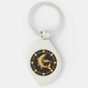 Golden Pisces Zodiac Symbol Surrounded by Stars Keychain