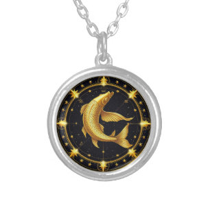 Golden Pisces Zodiac Symbol Surrounded by Stars Silver Plated Necklace