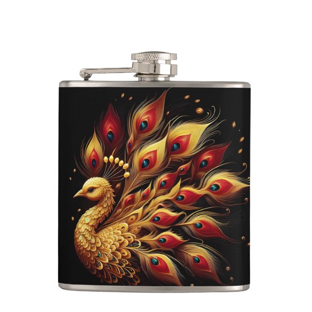 Golden Plumage: Majestic Peacock on White Flask (Front)