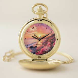 Golden Pocket Watch with Romantic Sunset Beach Flo