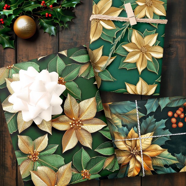 Golden Poinsettia Flower on Green Christmas Wrapping Paper Sheets (Golden Poinsettia Flower on Green Christmas Wrapping Paper Sheets)