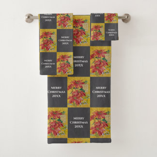 Golden Poinsettia | Personalized Christmas 20XX Bath Towel Set