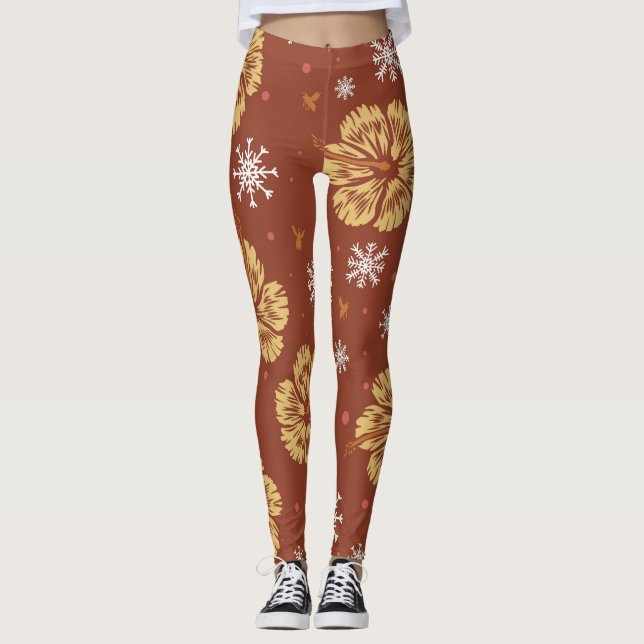 Golden Poinsettia & Snowflake  Leggings (Front)