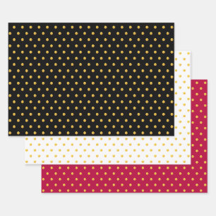 Golden Polka Dots Confetti on Black, Red & White Wrapping Paper Sheets