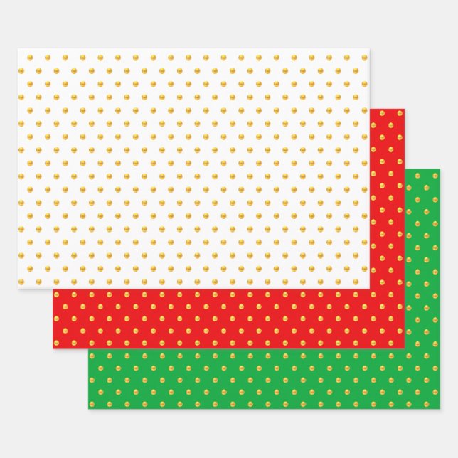 Golden Polka Dots Confetti on Green, Red & White Wrapping Paper Sheets (Set)