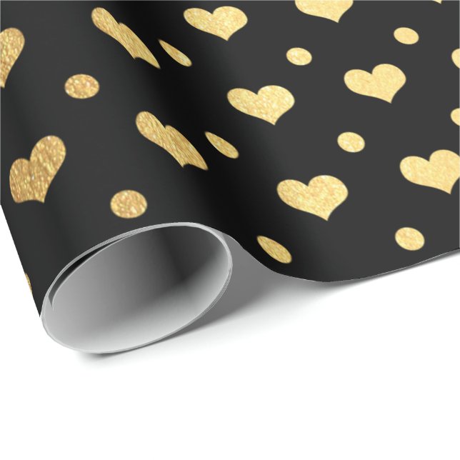 Golden Polka Dots Hearts Confetti Black Metallic Wrapping Paper (Roll Corner)