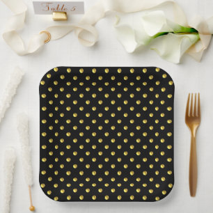 Golden Polka Dots on Black Paper Plates