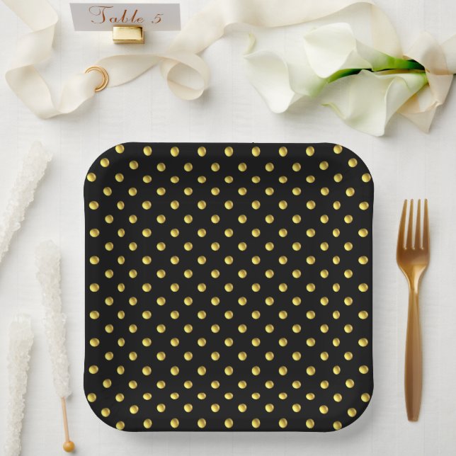 Golden Polka Dots on Black Paper Plates (Wedding)