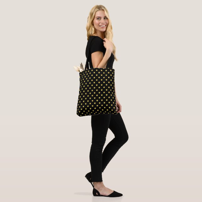 Golden Polka Dots on Black Tote Bag (On Model)