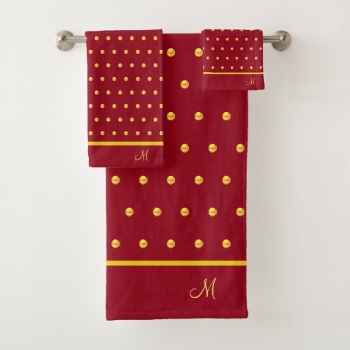 Golden polka dots on bordeaux bath towel set