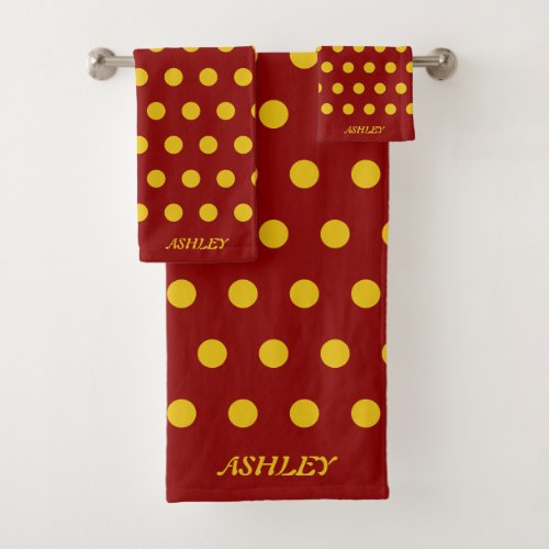 Golden Polka Dots on Maroon Bath Towel Set