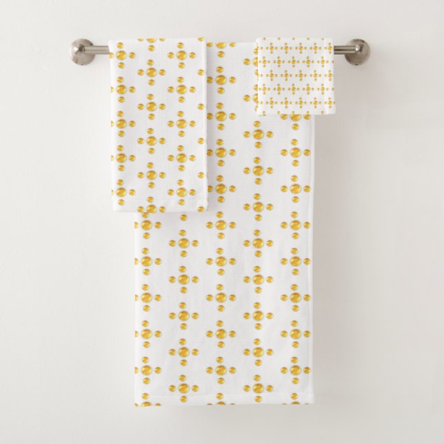 Golden polka dots on white bath towel set (Insitu)