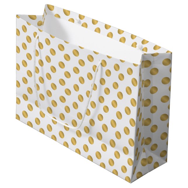 Golden polka dots pattern on white Christmas Large Gift Bag (Front Angled)