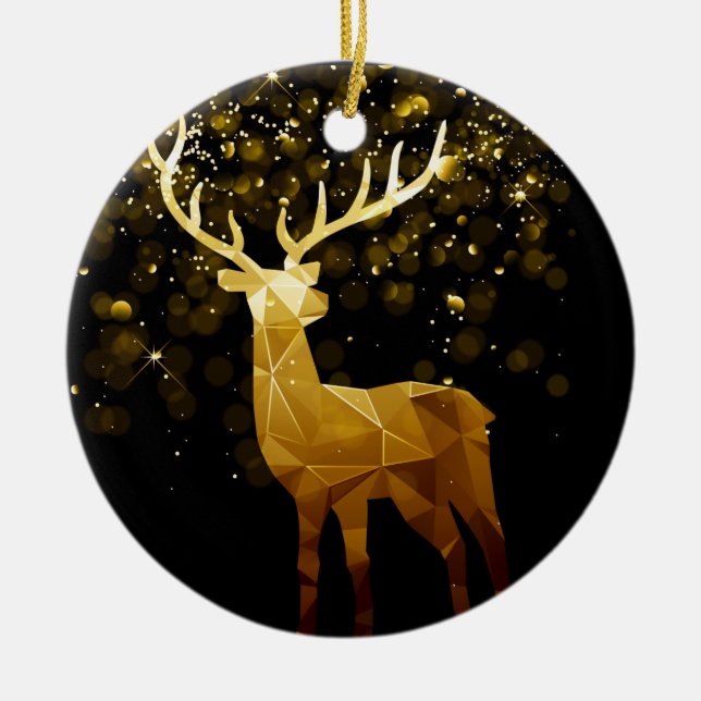Golden Polygon Geometric Deer Personalized Ceramic Ornament (Front)