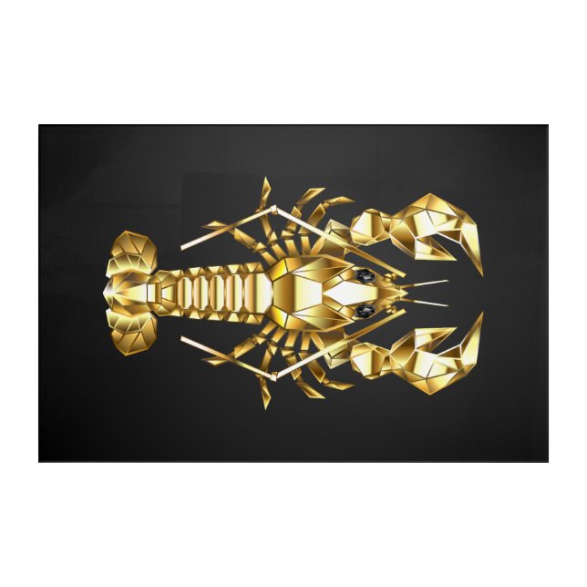 Golden polygonal lobster crawfish on black acrylic print (Front)