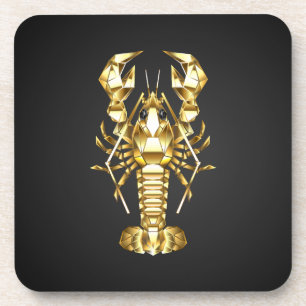 Golden polygonal lobster crawfish on black beverage coaster