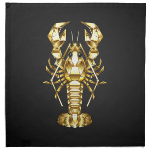 Golden polygonal lobster crawfish on black cloth napkin