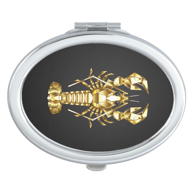 Golden polygonal lobster crawfish on black compact mirror (Front)