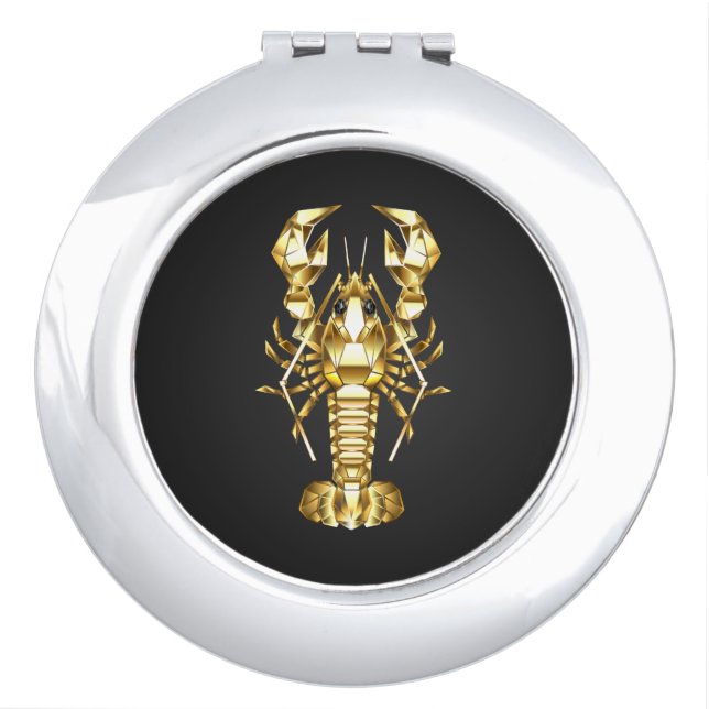 Golden polygonal lobster crawfish on black compact mirror (Front)