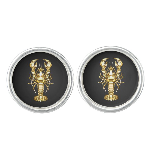 Golden polygonal lobster crawfish on black cufflinks (Front)