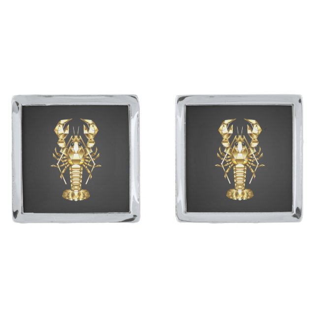 Golden polygonal lobster crawfish on black cufflinks (Front)