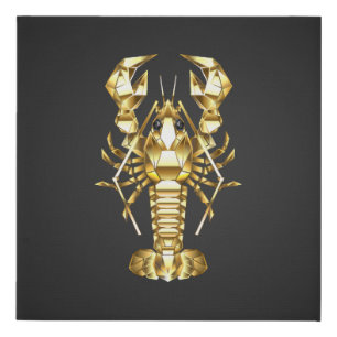 Golden polygonal lobster crawfish on black faux canvas print
