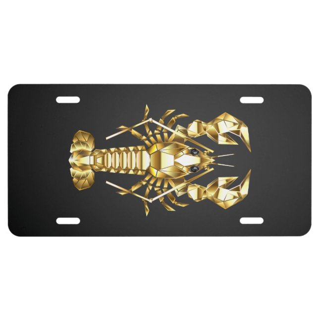 Golden polygonal lobster crawfish on black license plate (Front)