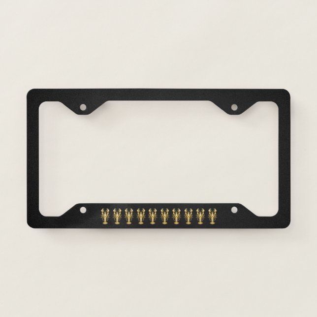 Golden polygonal lobster crawfish on black license plate frame (Front)