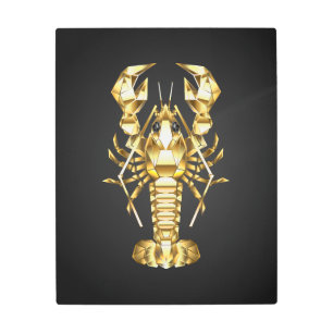 Golden polygonal lobster crawfish on black metal print