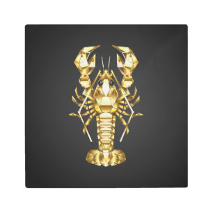 Golden polygonal lobster crawfish on black metal print