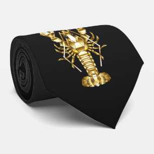 Golden polygonal lobster crawfish on black neck tie