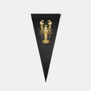 Golden polygonal lobster crawfish on black pennant flag