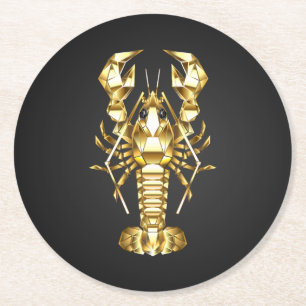 Golden polygonal lobster crawfish on black round paper coaster