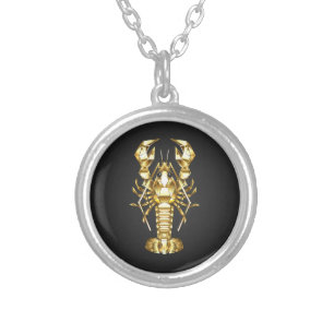 Golden polygonal lobster crawfish on black silver plated necklace