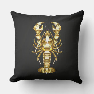 Golden polygonal lobster crawfish on black throw pillow