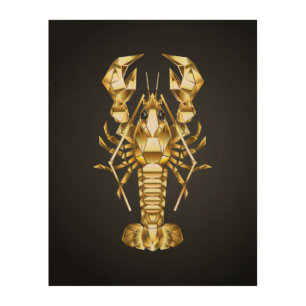 Golden polygonal lobster crawfish on black wood wall art