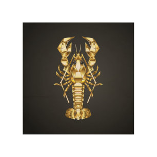 Golden polygonal lobster crawfish on black wood wall art