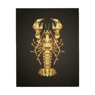 Golden polygonal lobster crawfish on black wood wall art