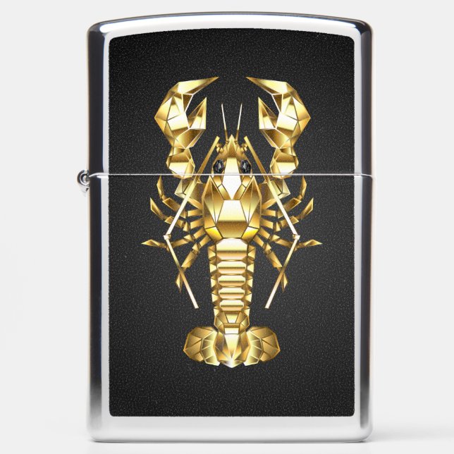 Golden polygonal lobster crawfish on black zippo lighter (Front)