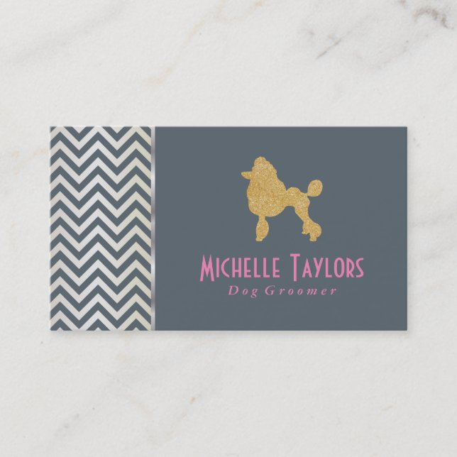 Golden Poodle | Luxury Groomer (gray & pink) Business Card (Front)