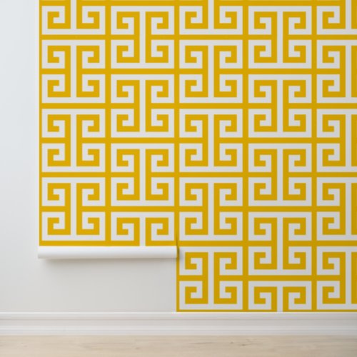 Golden Poppy and White Large Greek Key Wallpaper