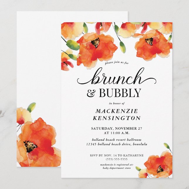 Golden Poppy Brunch Bubbly Bridal Shower Invitation (Front/Back)