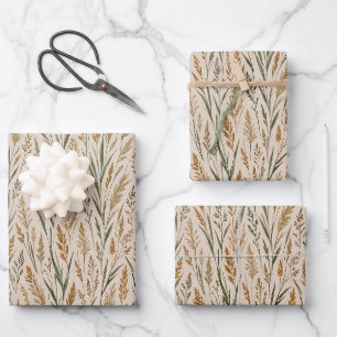 Golden Prairie Meadow Watercolor Botanical Pattern Wrapping Paper Sheets