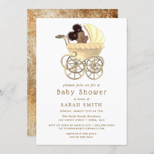 Golden Pram Cute Baby Gold Baby Shower Invitation