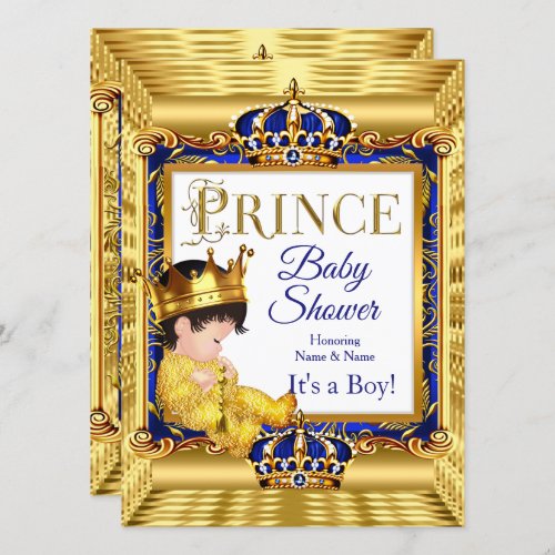 Golden Prince Baby Shower Blue Gold Brunette Invitation