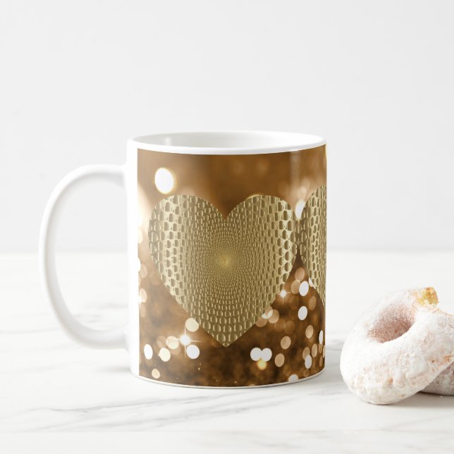 Golden Prismatic Heart Bokeh Faux Glitter Coffee Mug (With Donut)