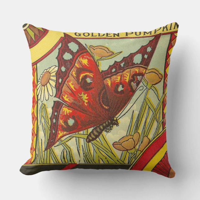 Golden Pumpkin Vintage Crate Label Throw Pillow (Front)